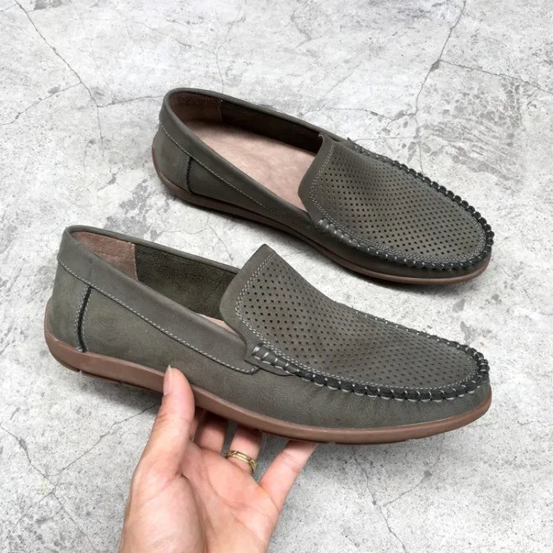 Atmungsaktive Halbschuhe Aus Echtem Leder Mit Aussparungen Sommerschuhe Für Herren Bequeme Freizeitschuhe Mit Weicher Sohle Flache Slipper Für - Braun