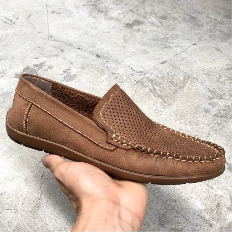 Atmungsaktive Halbschuhe Aus Echtem Leder Mit Aussparungen Sommerschuhe Für Herren Bequeme Freizeitschuhe Mit Weicher Sohle Flache Slipper Für - Braun