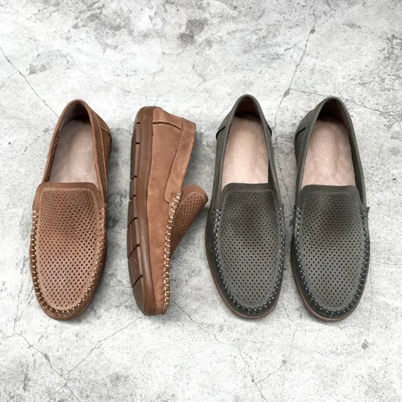 Atmungsaktive Halbschuhe Aus Echtem Leder Mit Aussparungen Sommerschuhe Für Herren Bequeme Freizeitschuhe Mit Weicher Sohle Flache Slipper Für - Braun