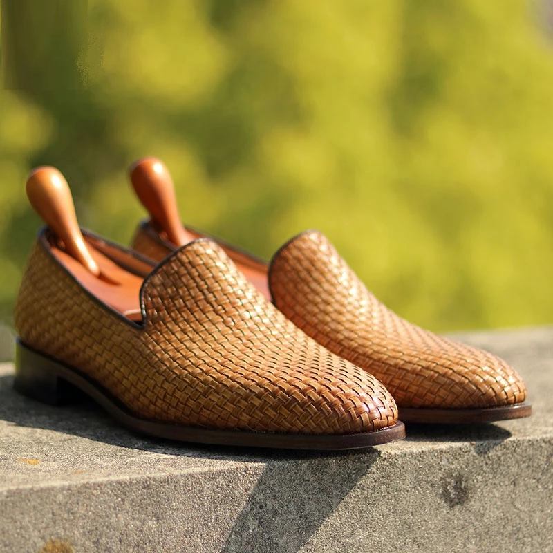 Handgefertigte Halbschuhe Mit Gewebter Gestrickter Ledersohle Für Herren Gesellschaftsschuhe Klassische Herrenschuhe Elegante Herrenhalbschuhe - Braun