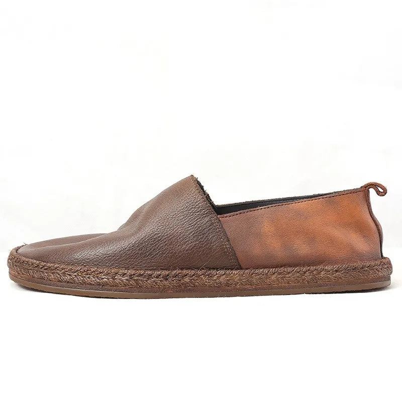 Sommerschuhe Aus Atmungsaktivem Echtem Leder Slipper Für Herren Tägliche Flache Für Vintage - Kaffee