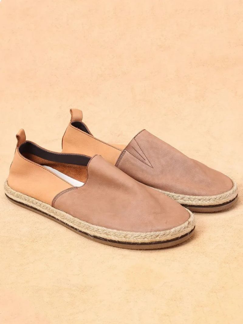 Sommerschuhe Aus Atmungsaktivem Echtem Leder Slipper Für Herren Tägliche Flache Für Vintage - Kaffee