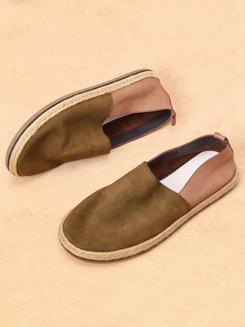 Sommerschuhe Aus Atmungsaktivem Echtem Leder Slipper Für Herren Tägliche Flache Für Vintage - Kaffee