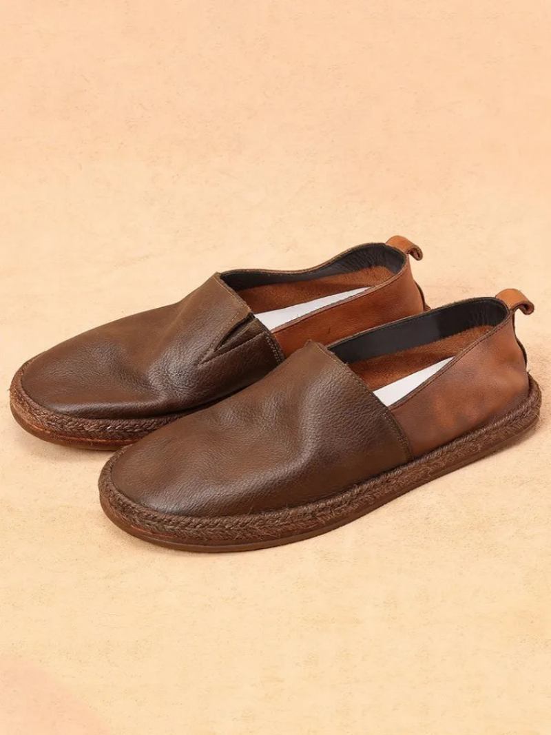 Sommerschuhe Aus Atmungsaktivem Echtem Leder Slipper Für Herren Tägliche Flache Für Vintage - Kaffee