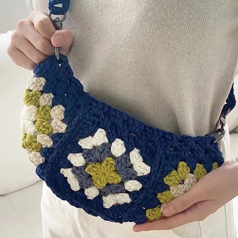 Bohemian Granny Square Umhängetaschen Für Damen Designer Häkel Gestrickte Hobos Messenger Bag Kleine Handy Geldbörsen - Blau