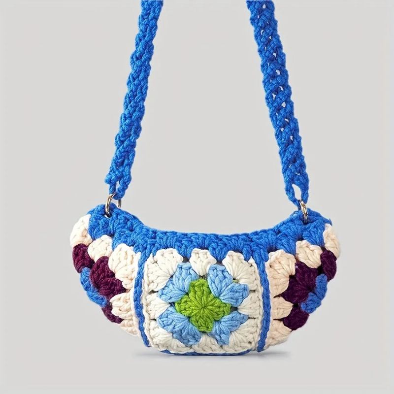 Bohemian Granny Square Umhängetaschen Für Damen Designer Häkel Gestrickte Hobos Messenger Bag Kleine Handy Geldbörsen - Blau