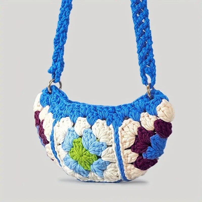 Bohemian Granny Square Umhängetaschen Für Damen Designer Häkel Gestrickte Hobos Messenger Bag Kleine Handy Geldbörsen - Blau