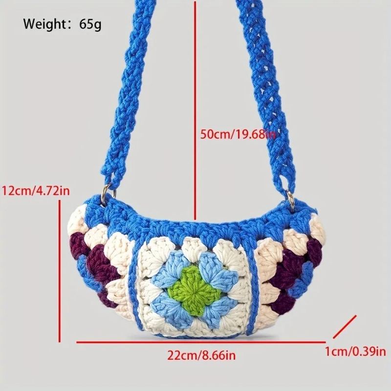 Bohemian Granny Square Umhängetaschen Für Damen Designer Häkel Gestrickte Hobos Messenger Bag Kleine Handy Geldbörsen - Blau