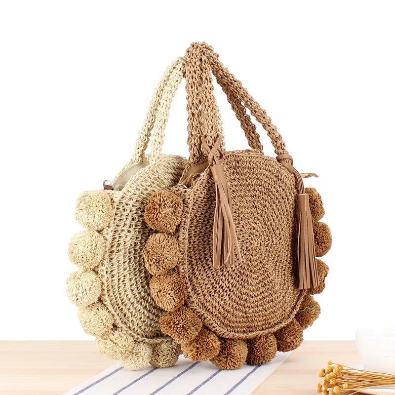 Bohemian Quaste Rattan Damen Handtaschen Gewebte Umhängetaschen Designer Ball Sommer Strand Geldbörse - beige