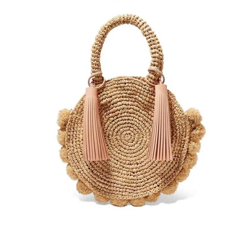 Bohemian Quaste Rattan Damen Handtaschen Gewebte Umhängetaschen Designer Ball Sommer Strand Geldbörse - beige