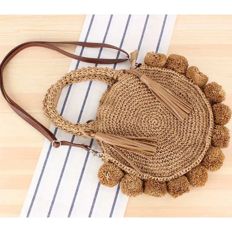 Bohemian Quaste Rattan Damen Handtaschen Gewebte Umhängetaschen Designer Ball Sommer Strand Geldbörse - beige