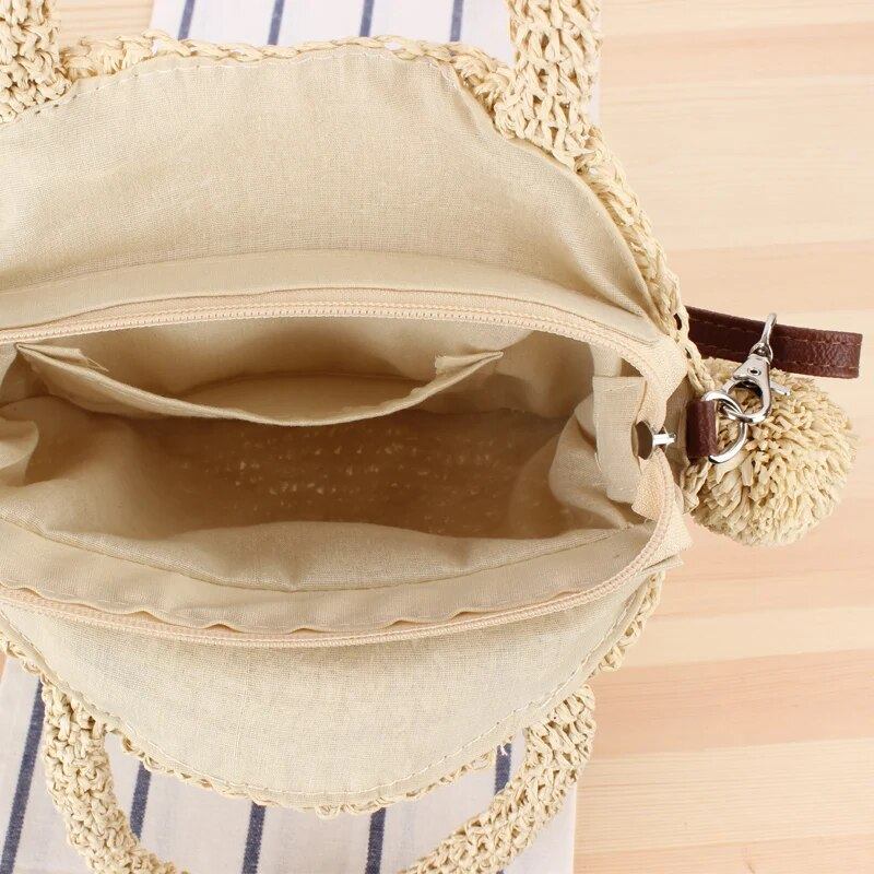 Bohemian Quaste Rattan Damen Handtaschen Gewebte Umhängetaschen Designer Ball Sommer Strand Geldbörse - beige