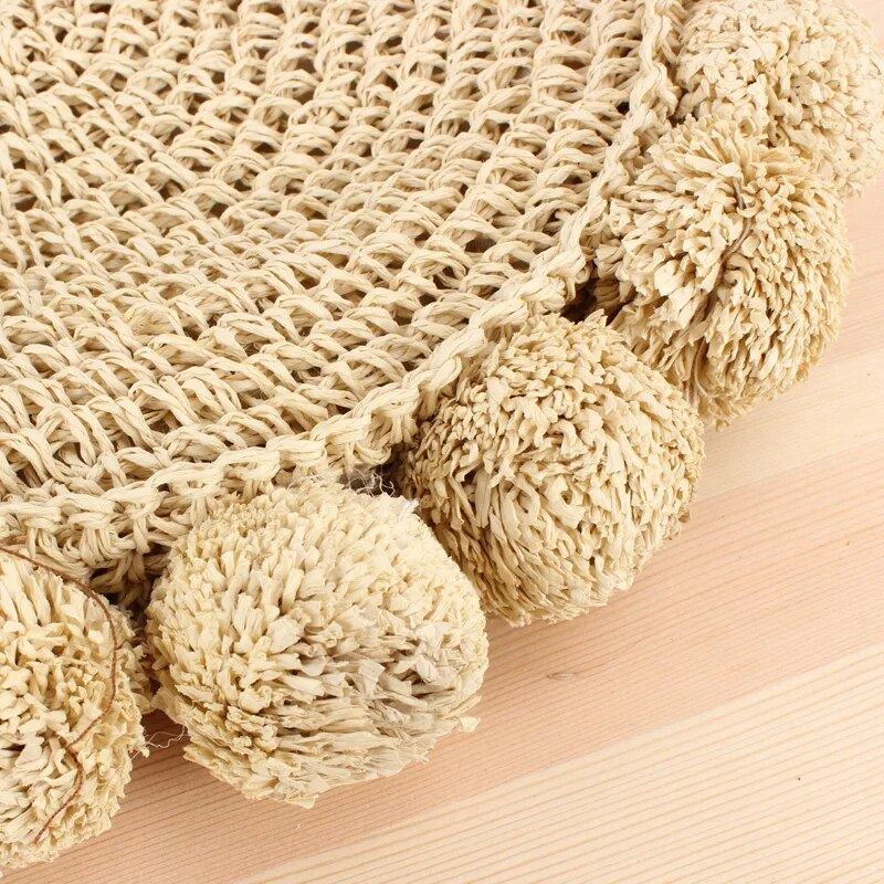 Bohemian Quaste Rattan Damen Handtaschen Gewebte Umhängetaschen Designer Ball Sommer Strand Geldbörse - beige