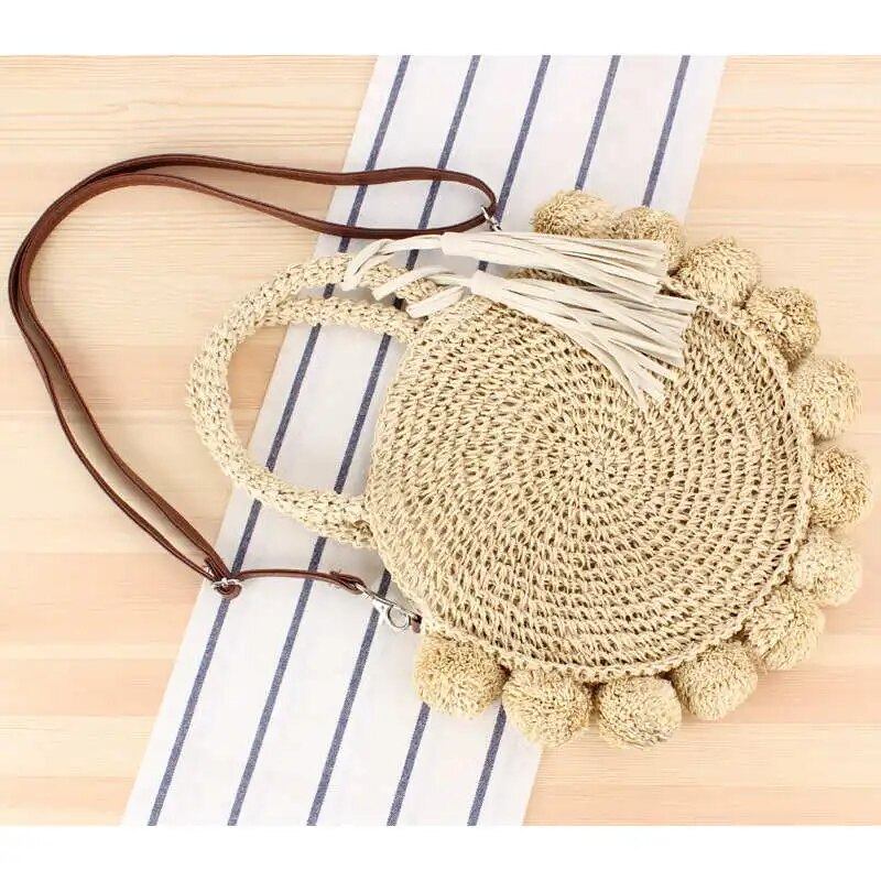 Bohemian Quaste Rattan Damen Handtaschen Gewebte Umhängetaschen Designer Ball Sommer Strand Geldbörse - beige