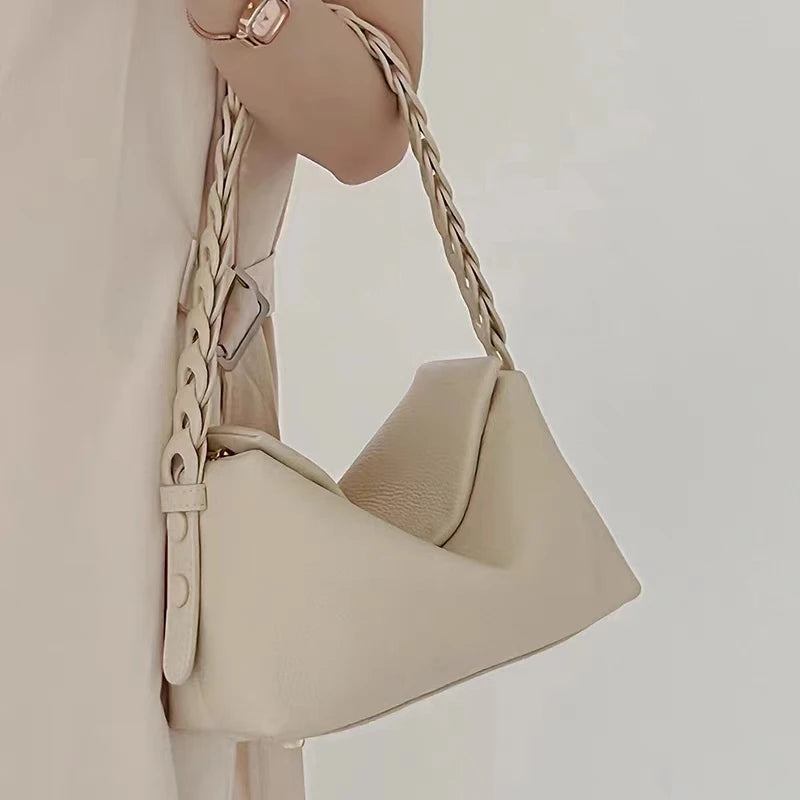 Handtasche Mit Gewebtem Riemen Einzelne Umhängetasche Aus Beigefarbenem Weichem Leder Der Ersten Schicht Für Damen - Beige