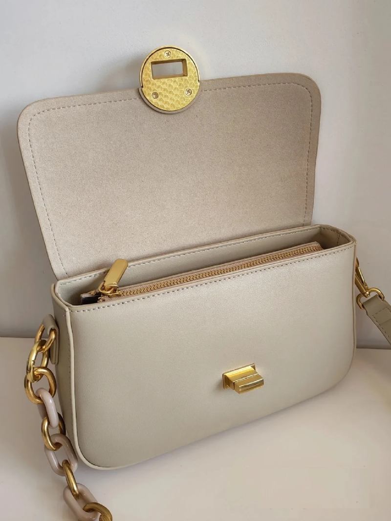 Schlichte Überschlagtasche Aus Leder Mit Festem Kettenriemen Umhängetasche Aus Für Damen Designer-umhängetasche Für - Khaki