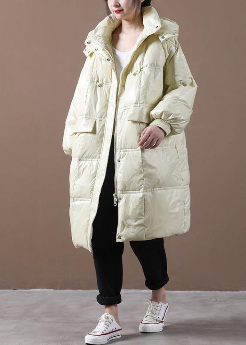 2024 Beige Daunenjacke Für Damen Locker Sitzende Winterjacke Mit Kapuze Und Reißverschlusstaschen Feine Winteroberbekleidung - Damen-Daunenjacken