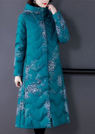 Angepasste Blaue Pufferjacke Mit Kapuze Und Aufdruck Aus Feiner Baumwolle Für Den Winter