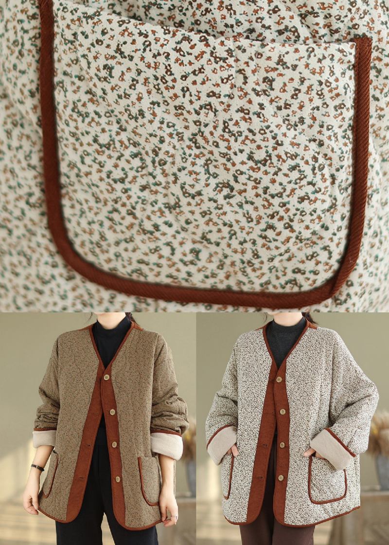 Apricot Taschen Druck Warm Fleece Mantel Outwear V Hals Winter - Damen-Daunenjacken