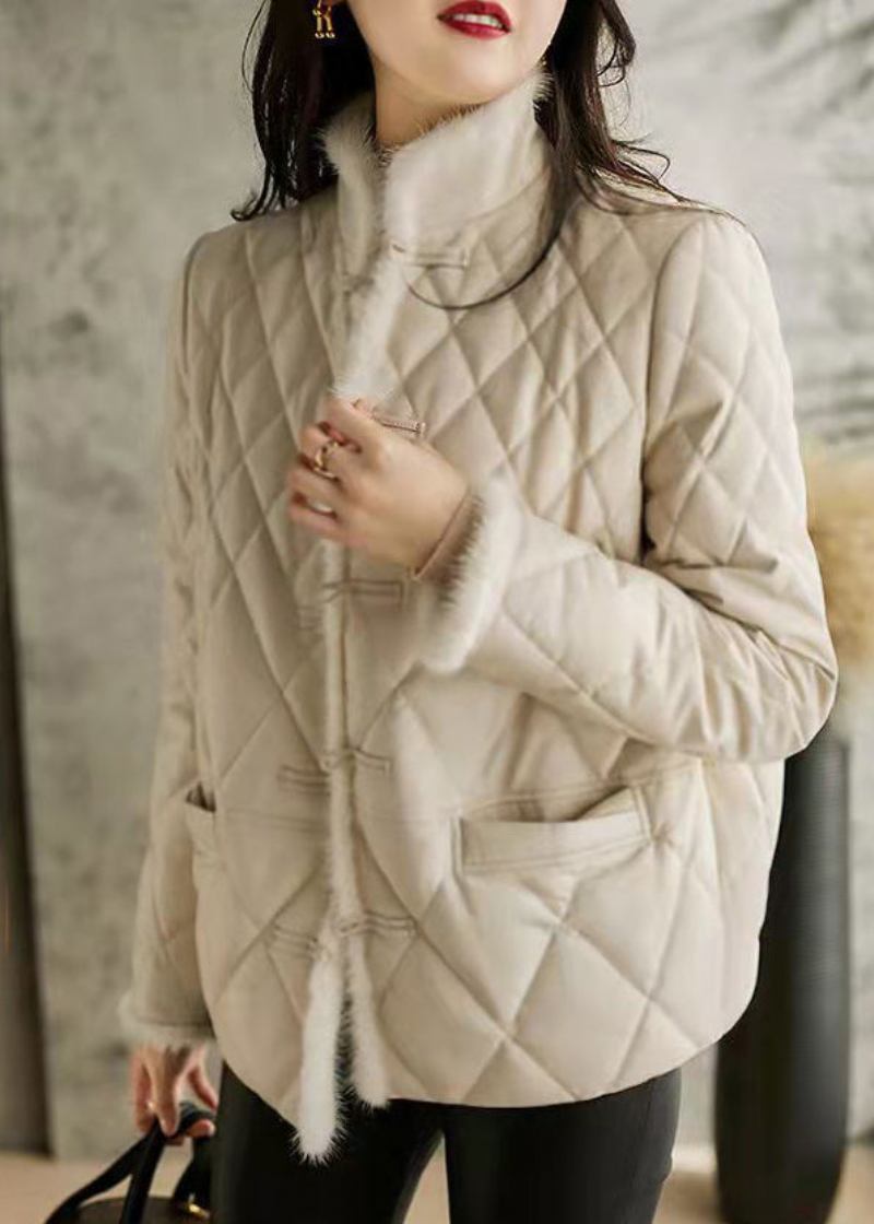 Aprikosenfarbene Patchwork-jacke Mit Chinesischer Knopfleiste Und Baumwollfüllung Für Den Winter - Damen-Daunenjacken