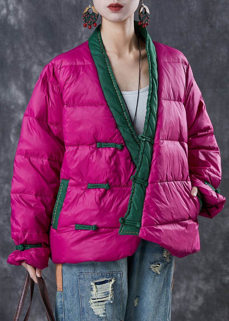 Art Rose V-ausschnitt Patchwork Chinesischer Knopf Feine Baumwollfüllung Parka Winter - Damen-Daunenjacken