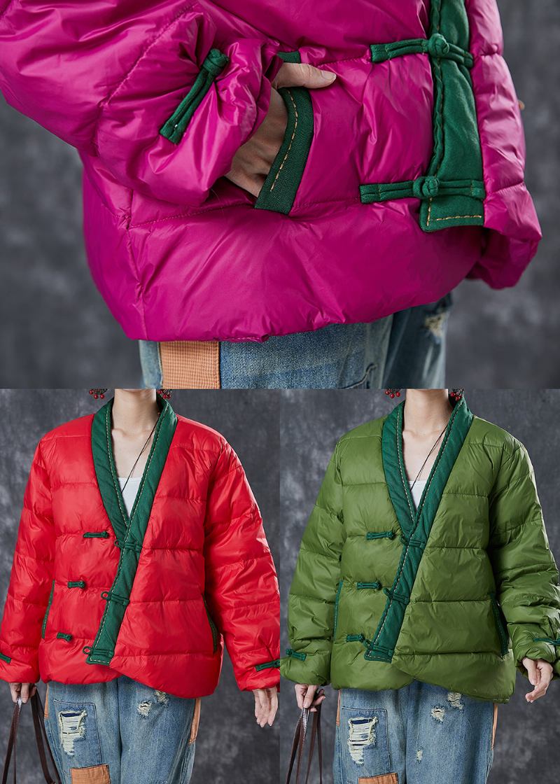 Art Rose V-ausschnitt Patchwork Chinesischer Knopf Feine Baumwollfüllung Parka Winter - Damen-Daunenjacken