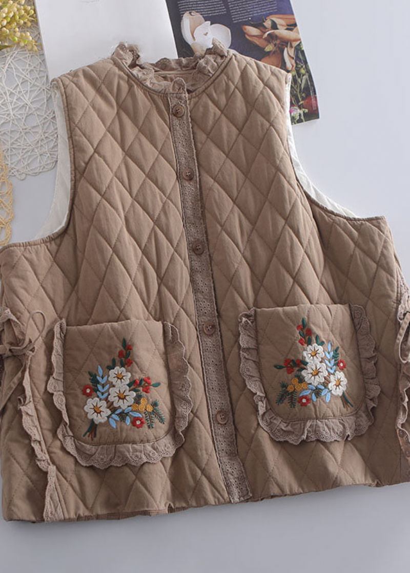 Bio Beige Bestickte Rüschen Patchwork Weste Mit Bindegürtel Winter - Beige