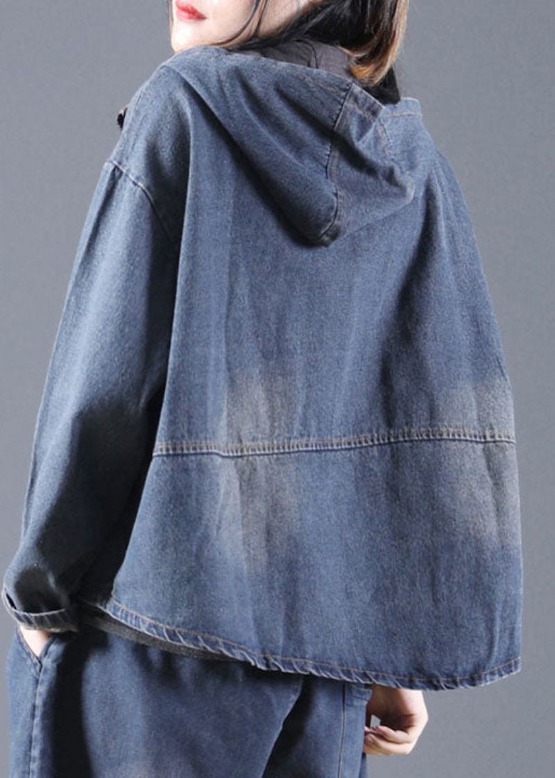 Blaue Jeansjacke Mit Taschen Und Reißverschluss Für Den Frühling - Blau