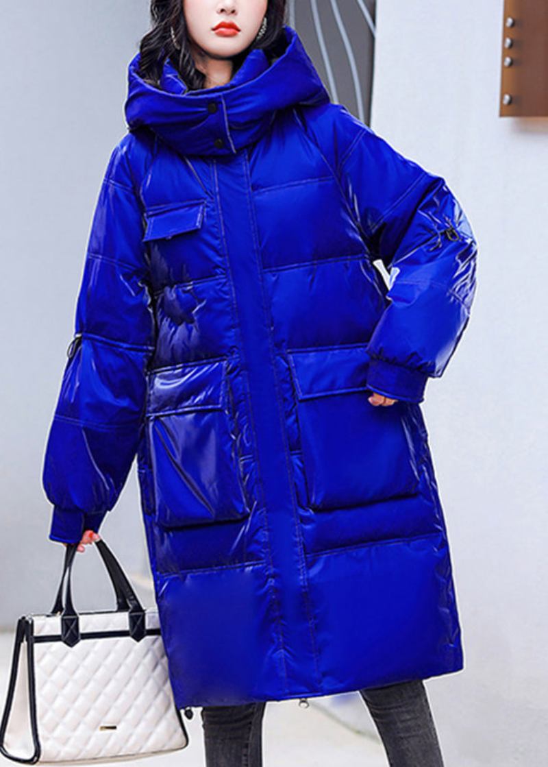 Blaue Parka Mit Reißverschluss Und Heller Kapuze In Übergröße Lange Ärmel Fleece-parka Mit Und