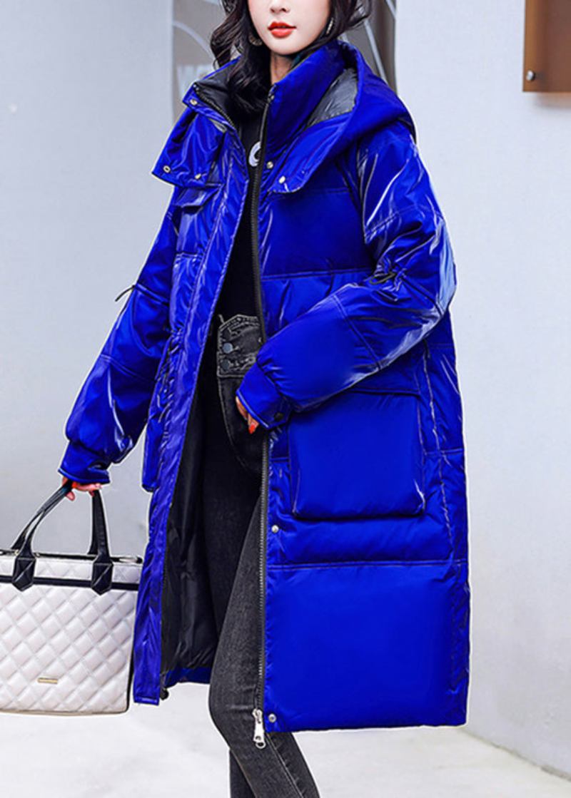 Blaue Parka Mit Reißverschluss Und Heller Kapuze In Übergröße Lange Ärmel Fleece-parka Mit Und - Blau