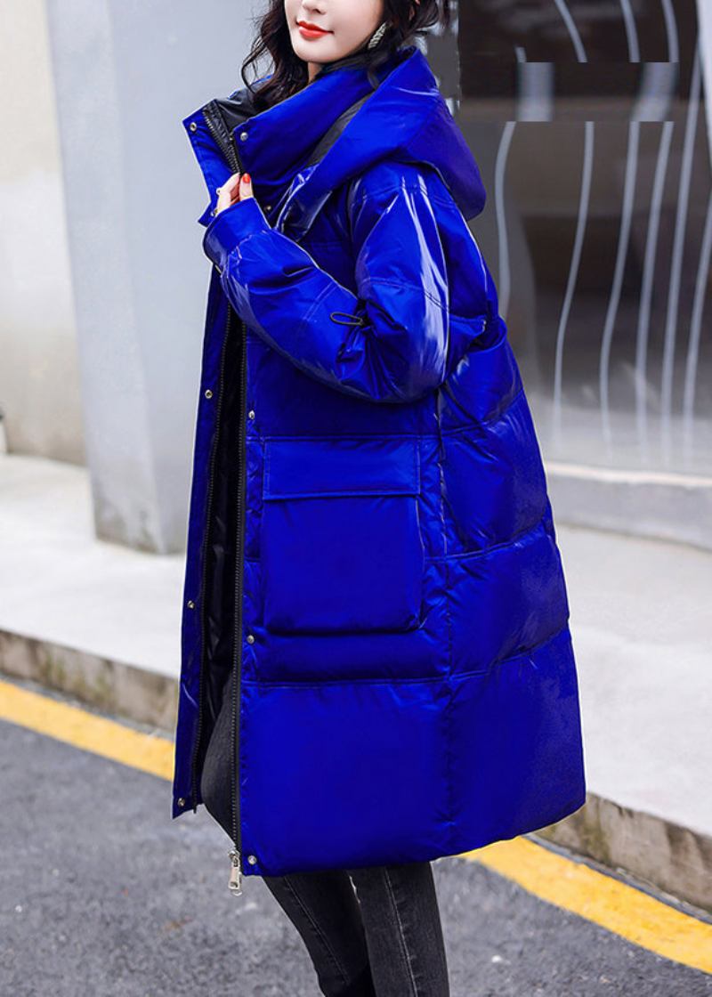 Blaue Parka Mit Reißverschluss Und Heller Kapuze In Übergröße Lange Ärmel Fleece-parka Mit Und - Blau