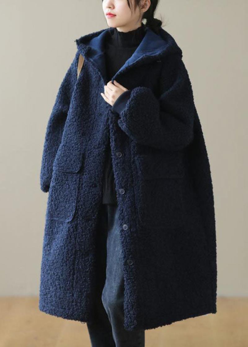 Blauer Wintermantel Mit Kapuze Und Knopf Aus Kunstpelz Für Damen - Damen-Daunenjacken