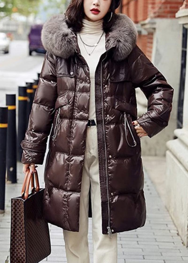 Bohemian Kaffee Fuchs Kragen Kordelzug Reißverschluss Ente Unten Puffer Jacke Winter - Damen-Daunenjacken