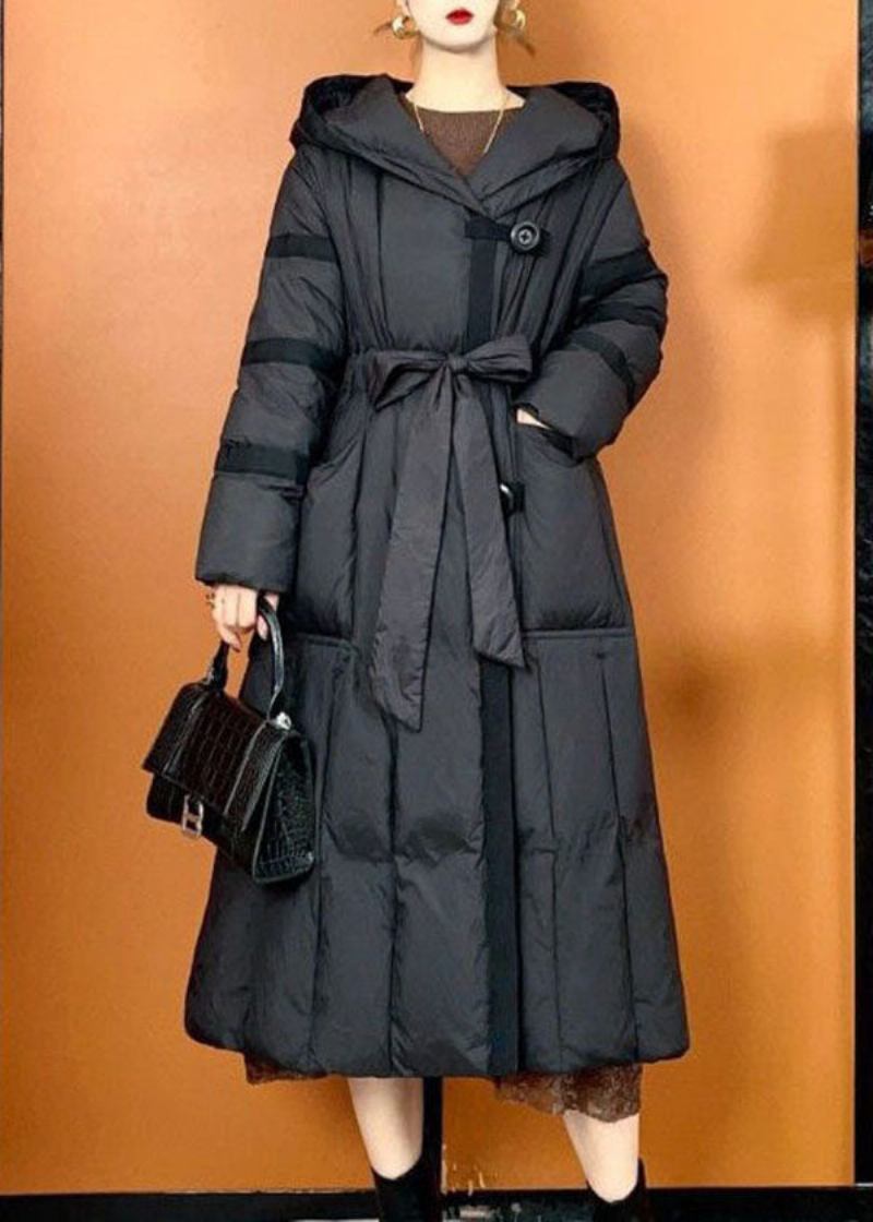 Bohemian Schwarze Pufferjacke Mit Übergroßen Taschen Für Entendaunen Im Winter - Damen-Daunenjacken