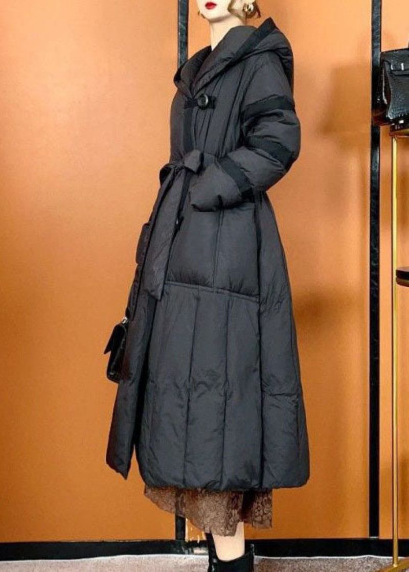 Bohemian Schwarze Pufferjacke Mit Übergroßen Taschen Für Entendaunen Im Winter - Damen-Daunenjacken