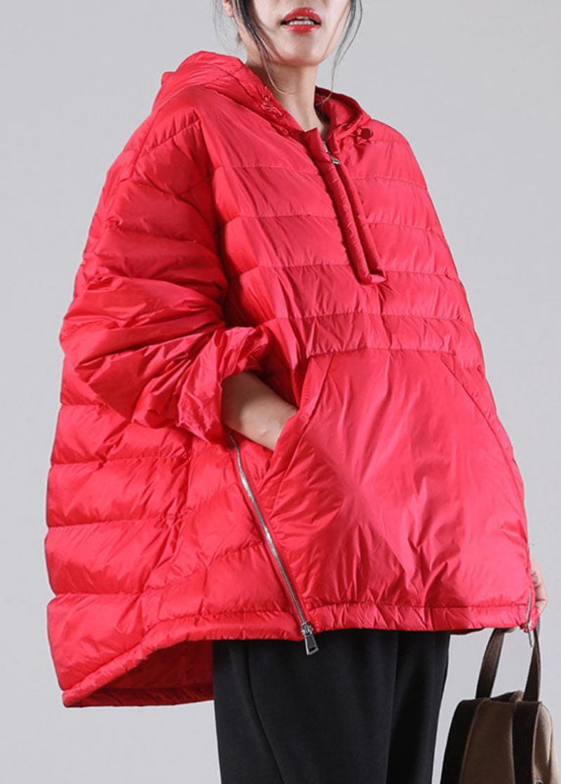 Böhmische Rote Daunenjacke Mit Kapuze Und Taschen Für Den Winter