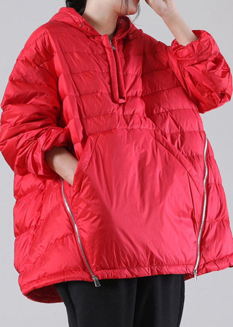 Böhmische Rote Daunenjacke Mit Kapuze Und Taschen Für Den Winter - Damen-Daunenjacken