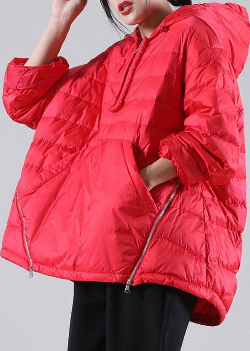 Böhmische Rote Daunenjacke Mit Kapuze Und Taschen Für Den Winter - Damen-Daunenjacken