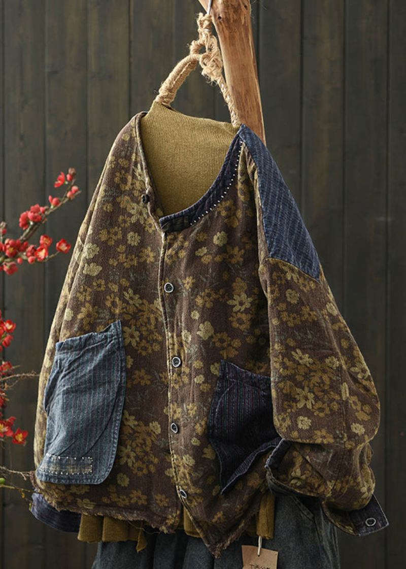 Boho Kaffee Druck Taschen Denim Patchwork Feine Baumwolle Gefüllte Jacke Winter