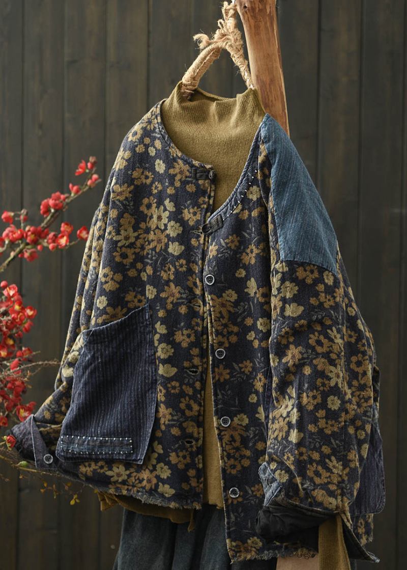 Boho Kaffee Druck Taschen Denim Patchwork Feine Baumwolle Gefüllte Jacke Winter - Damen-Daunenjacken