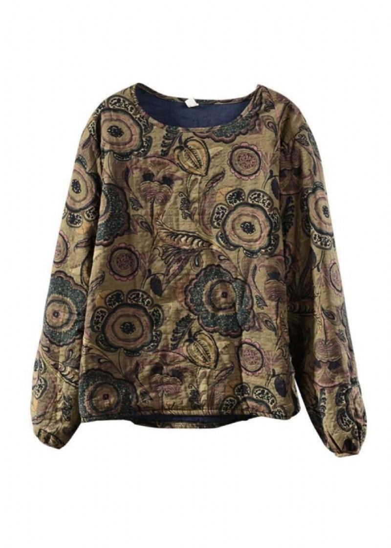 Boho Kaffee O Neck Print Feine Baumwolle Gefüllt Pullover Sweatshirt Frühling - Damen-Daunenjacken