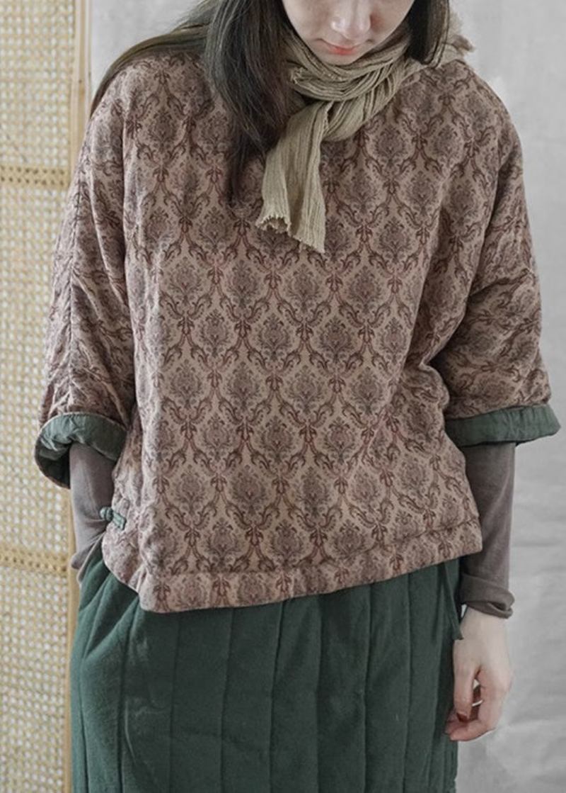 Boho Khaki O Neck Print Chinesischen Knopf Feine Baumwolle Gefüllt Top Winter