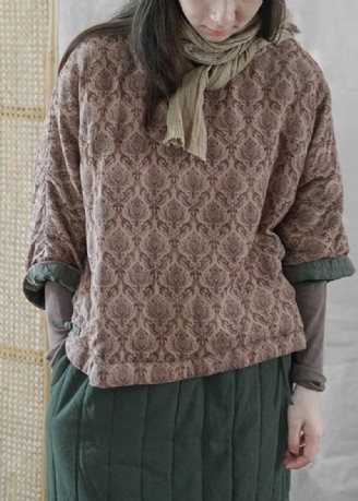 Boho Khaki O Neck Print Chinesischen Knopf Feine Baumwolle Gefüllt Top Winter