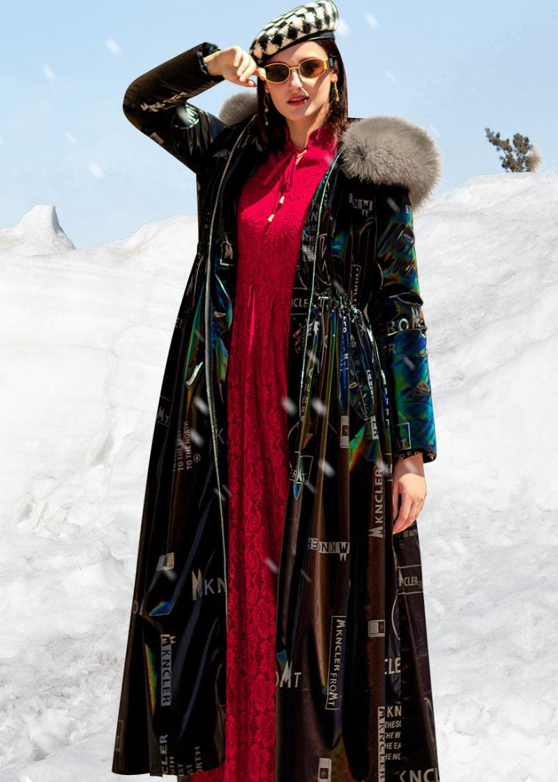 Boho-winterjacke Aus Entendaunen Mit Schwarzem Fuchskragen Kordelzug Und Buchstabendruck - Damen-Daunenjacken