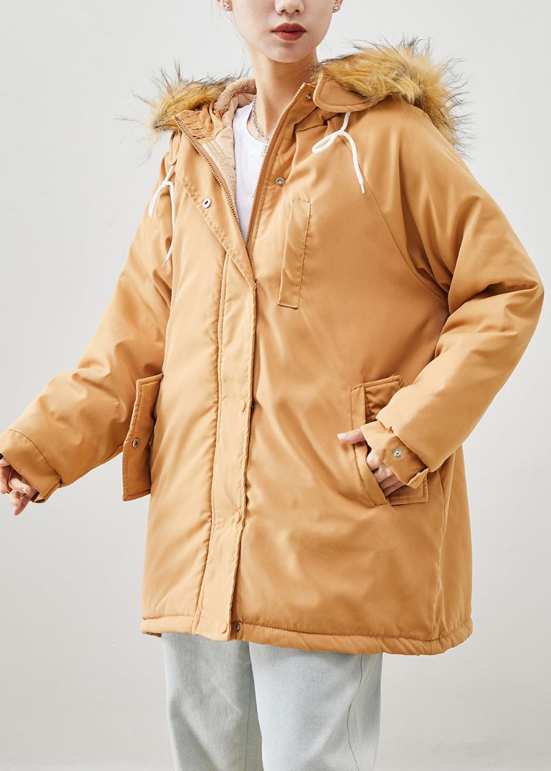 Boutique Khaki Pelzkragen Übergroße Dicke Feine Baumwollfüllung Pufferjacke Winter - Damen-Daunenjacken