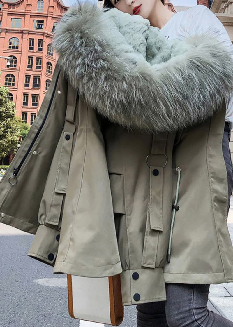 Casual Armee Grün Fuchs Kragen Taschen Kordelzug Patchwork Abnehmbare Parka Winter - Damen-Daunenjacken