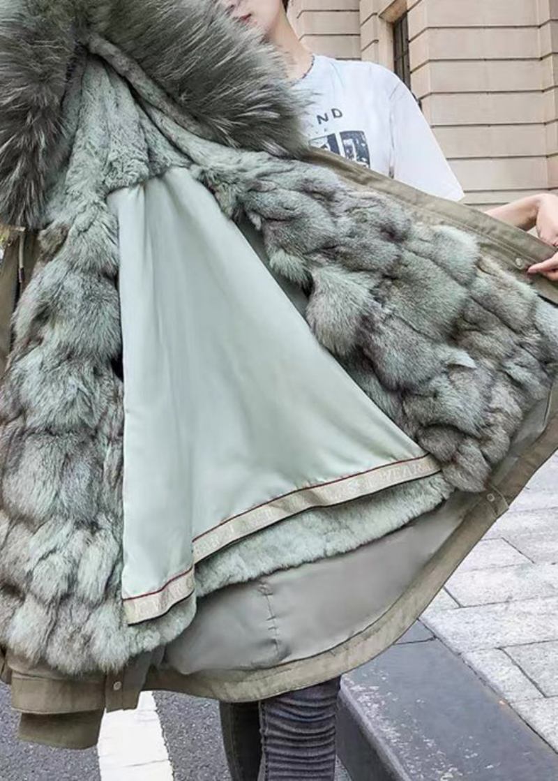 Casual Armee Grün Fuchs Kragen Taschen Kordelzug Patchwork Abnehmbare Parka Winter - Damen-Daunenjacken