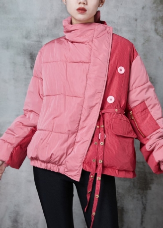 Chic Rosa Asymmetrische Patchwork Schnürung Feine Baumwolle Gefüllt Parka Jacke Winter