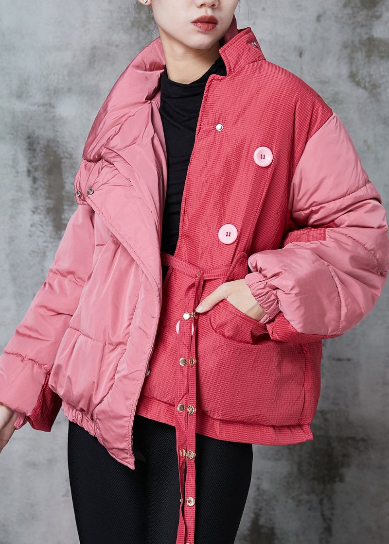 Chic Rosa Asymmetrische Patchwork Schnürung Feine Baumwolle Gefüllt Parka Jacke Winter - Damen-Daunenjacken