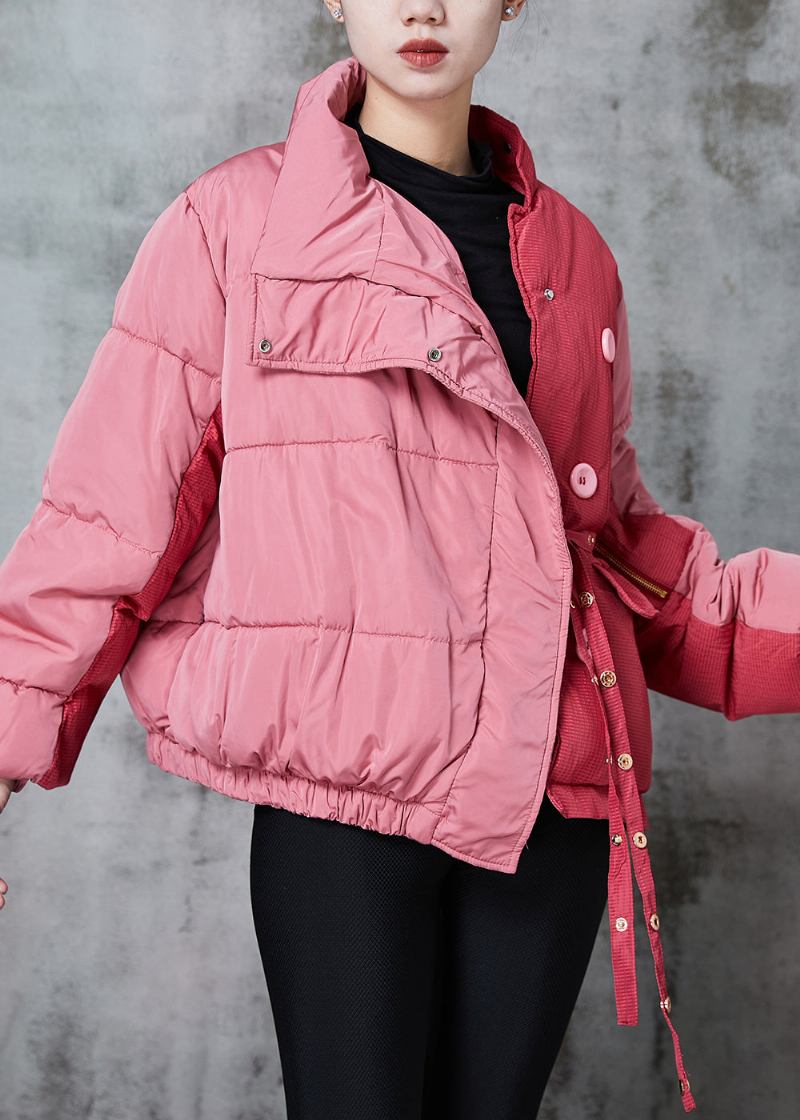 Chic Rosa Asymmetrische Patchwork Schnürung Feine Baumwolle Gefüllt Parka Jacke Winter - Damen-Daunenjacken